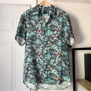BENSON NEW YORK blue black watercolor floral linen short sleeve button up shirt
